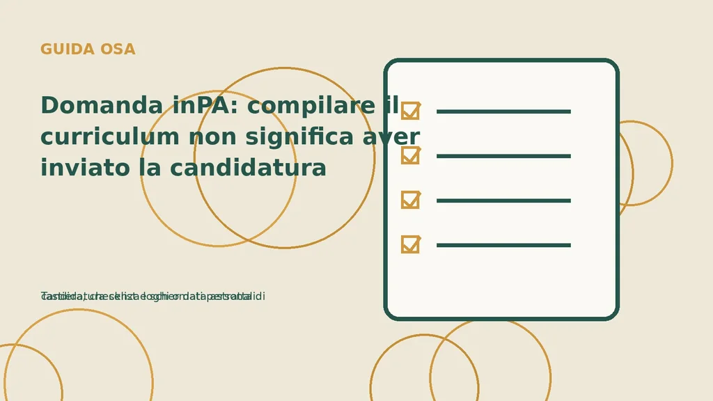 Tastiera, checklist e schermata astratta di candidatura senza loghi o dati personali.