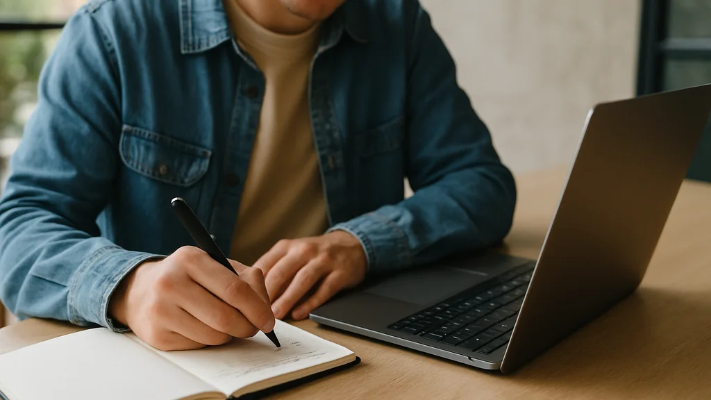 Persona che prende appunti su un quaderno accanto a un computer portatile