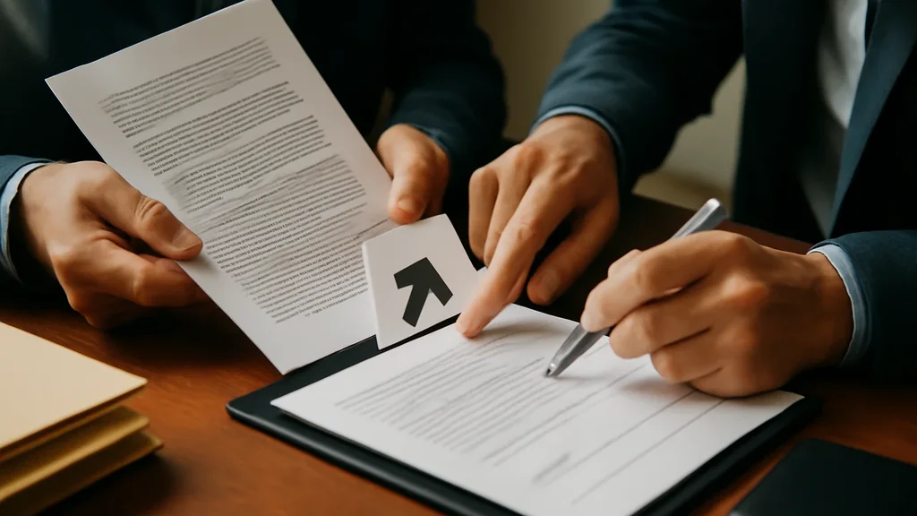 Passaggio di consegne tra due operatori rappresentato con quaderno, foglio attività e penna su scrivania, nessun volto riconoscibile, nessun dato sensibile o testo leggibile.