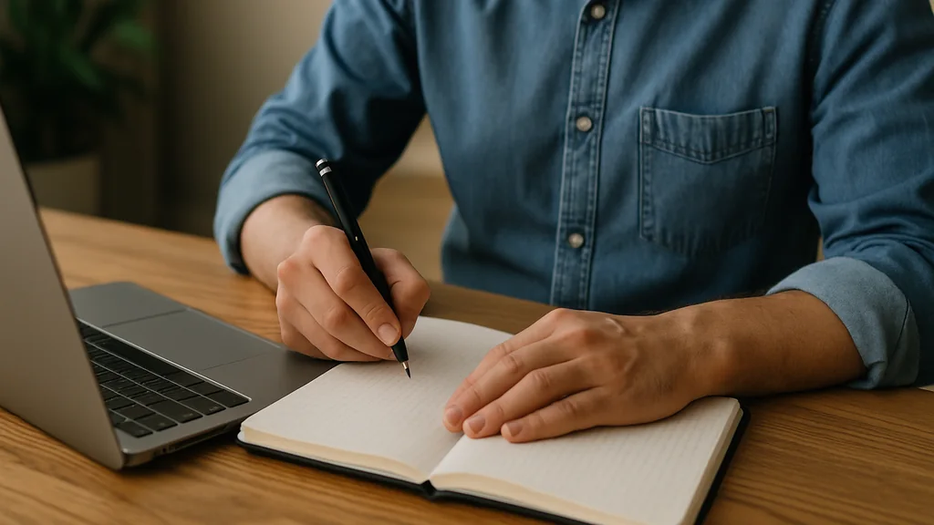 Persona che prende appunti su un quaderno accanto a un computer portatile