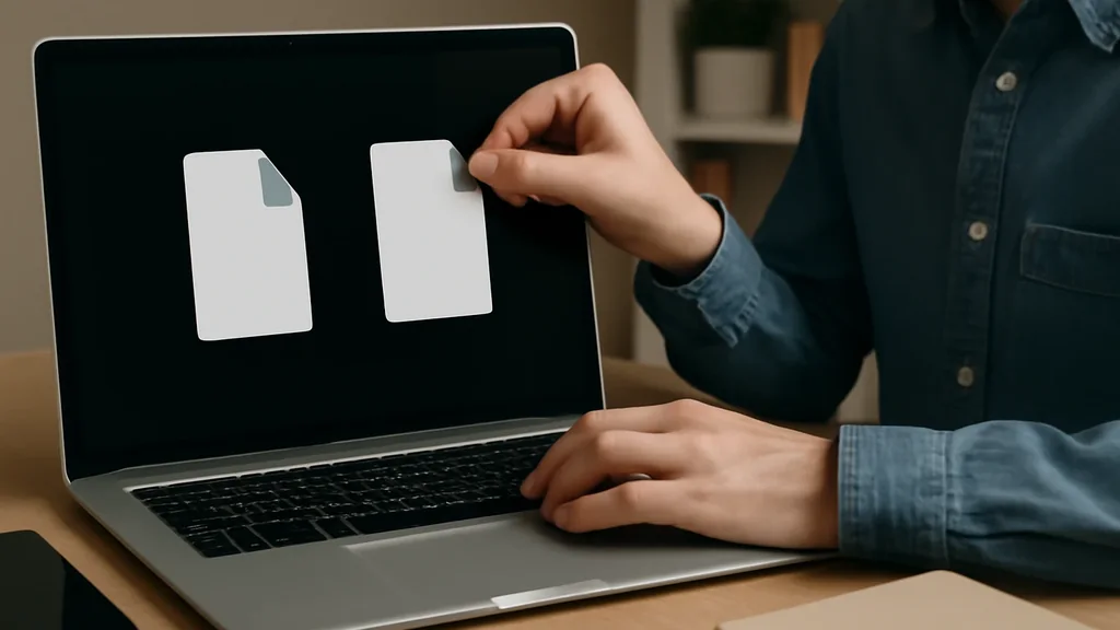 Cartelle digitali ordinate su laptop con checklist cartacea, nomi file generici.