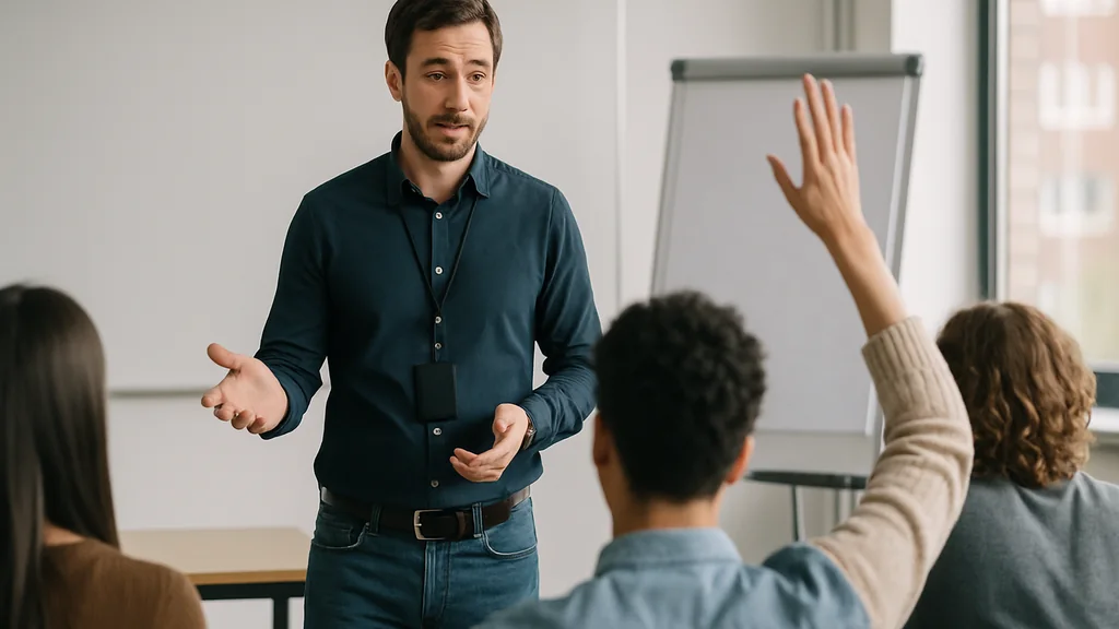 Formatore in piedi davanti a studenti seduti in aula durante una sessione di formazione